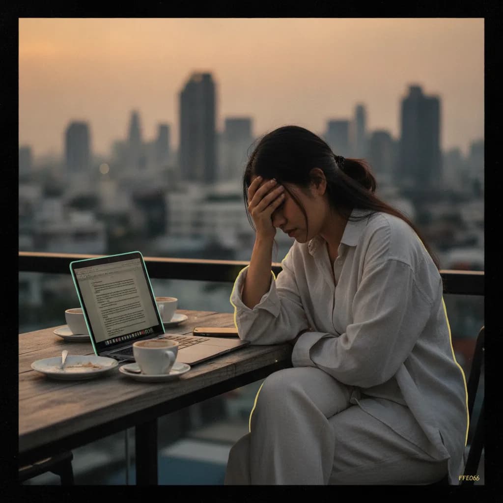 Bangkok female creator at a Thonglor rooftop cafe reviewing a long feedback email on her laptop at dusk, visibly frustrated