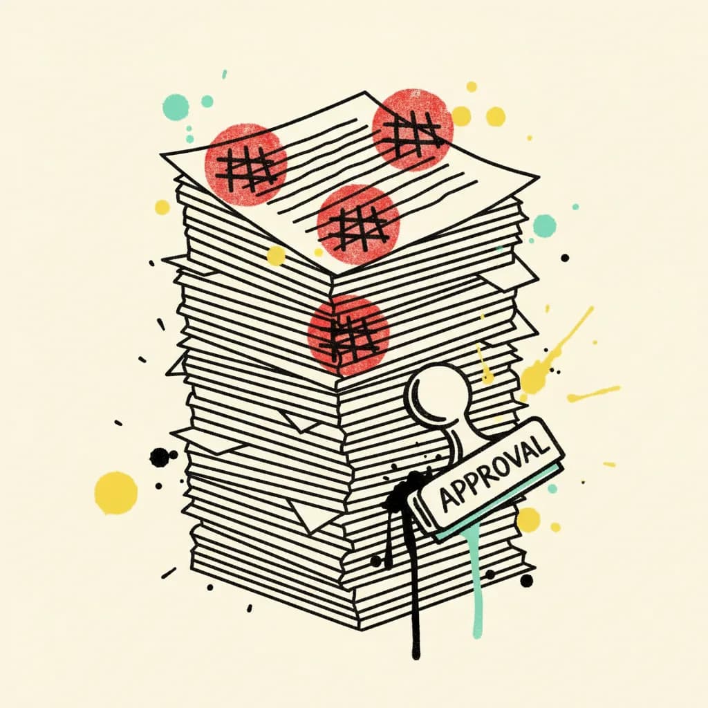 Stack of Bangkok creator campaign drafts with three approval stamps and a fourth stamp mid-slam.
