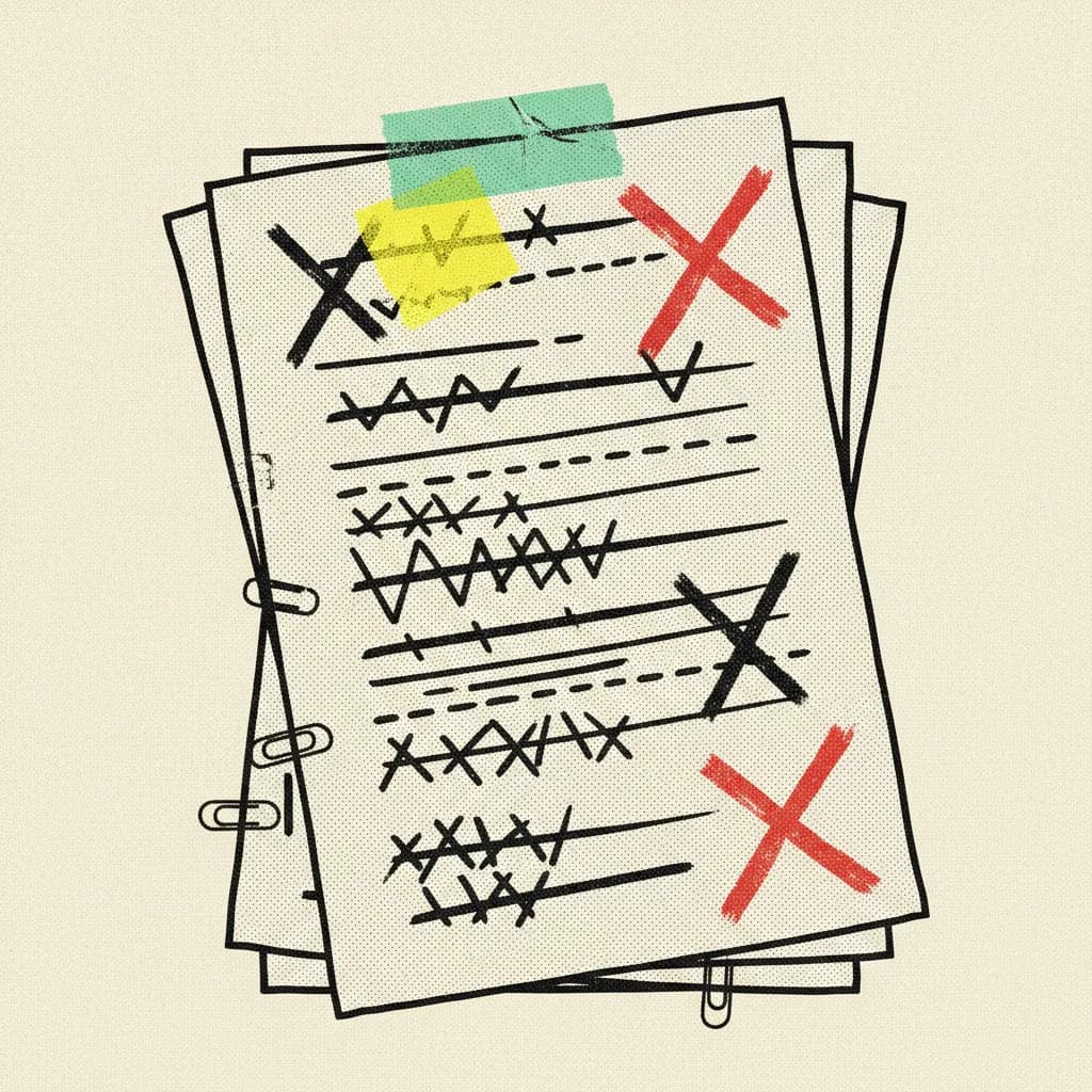 Brutalist editorial illustration of a stack of paper script drafts on cream paper with thick black ink strikethroughs, a mint tape strip across the top draft, and a yellow highlighter blob on the topmost edit mark