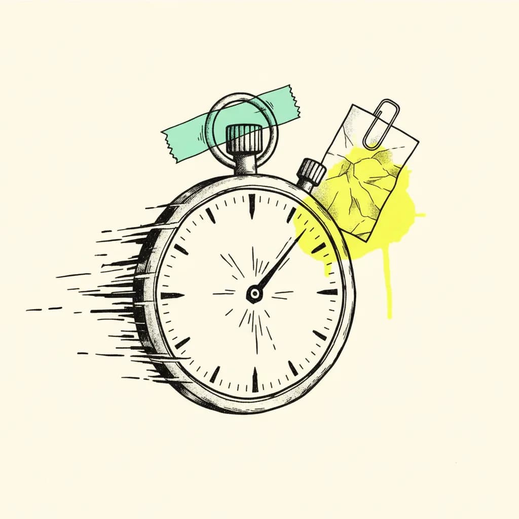 Brutalist editorial illustration of a paper stopwatch on cream paper with a mint tape strip wrapped diagonally across the crown, a yellow highlighter blob behind a paper price tag paperclipped to the side, and small ink dash marks radiating from the dial.