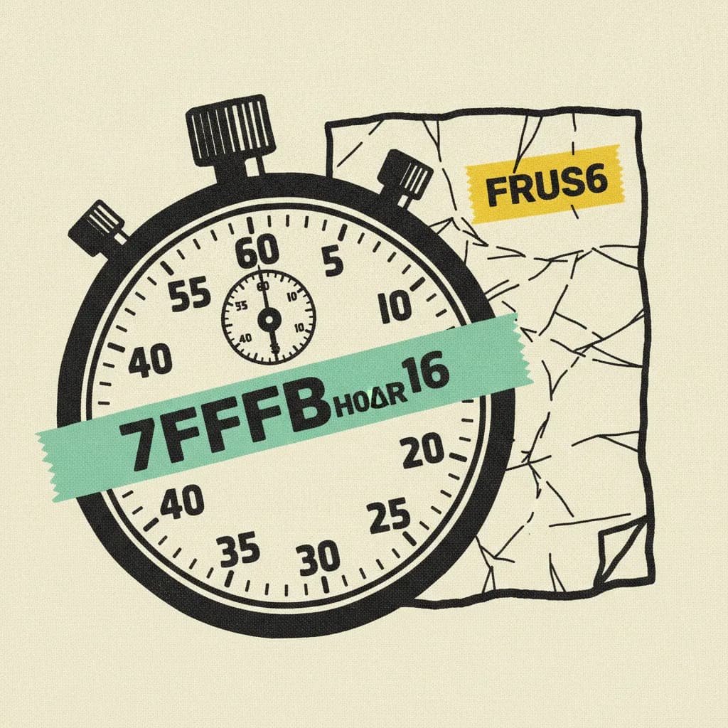 Brutalist illustration of a large analog stopwatch overlapping a crumpled brief document with a rush stamp, cream background, mint and yellow accents.