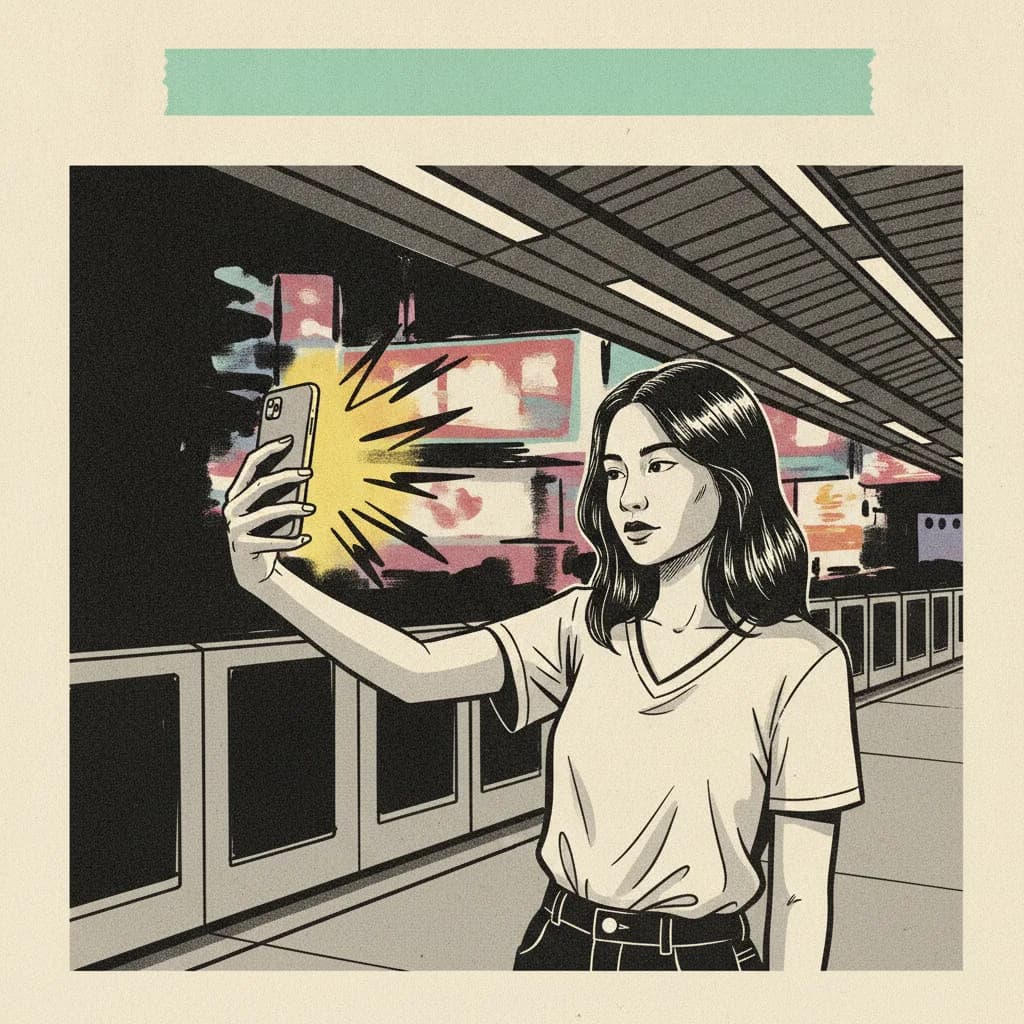 Brutalist illustration of a Bangkok creator filming on a Skytrain platform at night with Sukhumvit neon behind her.