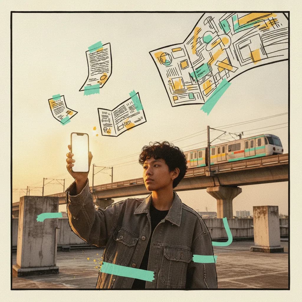 Brutalist illustration of a Bangkok creator on a rooftop with three floating paper contracts growing larger as they stretch away from the phone, tethered in mint tape.