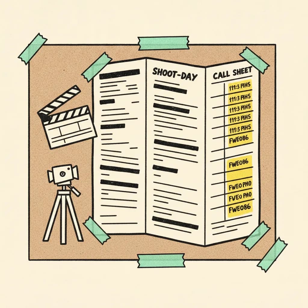Brutalist illustration of a folded call sheet pinned to a corkboard with mint tape and a yellow highlighted time column beside a small tripod.