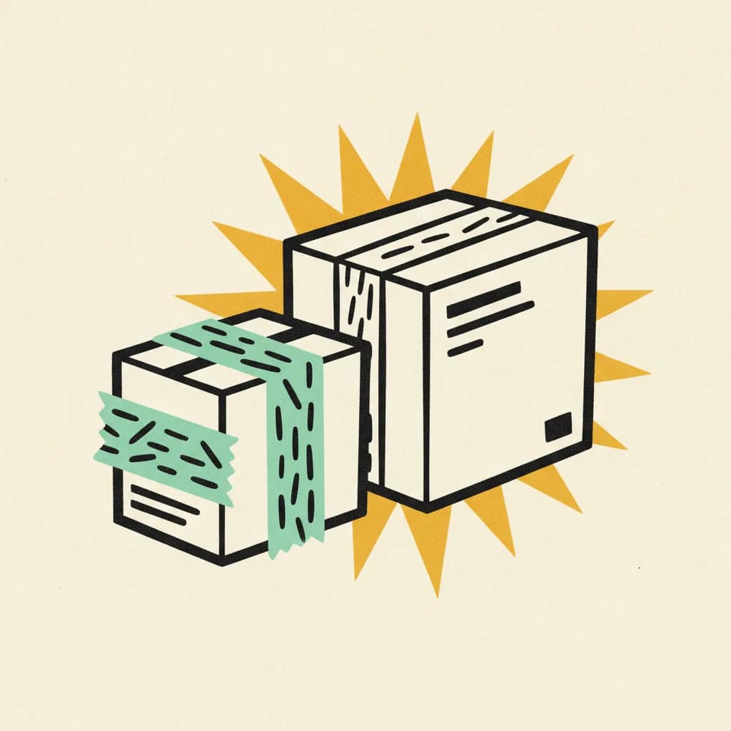 Brutalist paper illustration of two product boxes, a small half-wrapped one with a mint tape strip beside a larger unwrapped box with a yellow burst behind it.