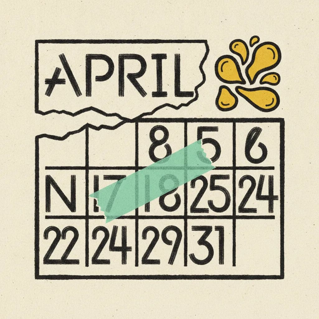 Brutalist paper wall calendar torn to April with a mint tape strip across three date squares and a yellow water-droplet cluster in the corner.