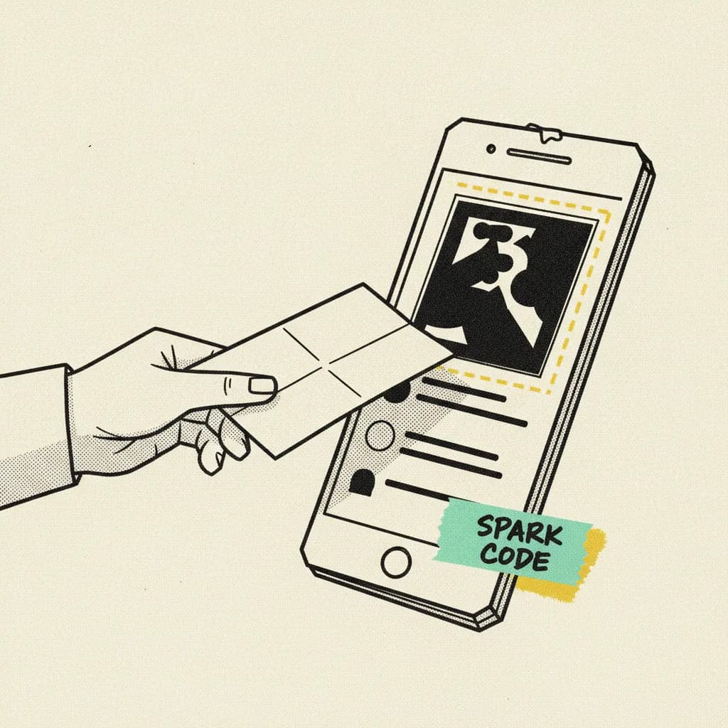 Brutalist illustration of a paper TikTok phone with a mint spark-code tape strip and a paper hand passing a folded permission slip.