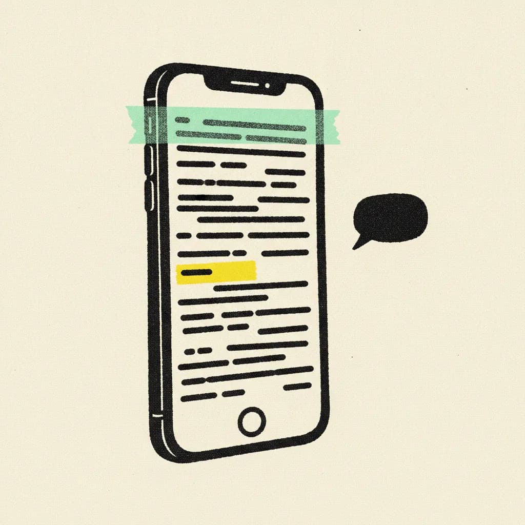 Brutalist illustration of a vertical smartphone with abstract dash-mark subtitle bars, mint and yellow tape accents on a cream background.