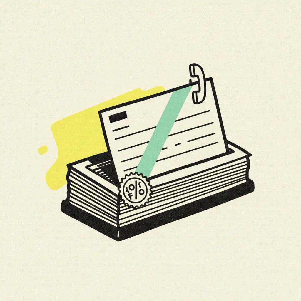 Brutalist editorial illustration of a paper Rolodex card file on cream paper with a lifted contact card wrapped in a mint tape strip, a yellow highlighter blob behind a commission percent stamp, and a small ink telephone in the corner