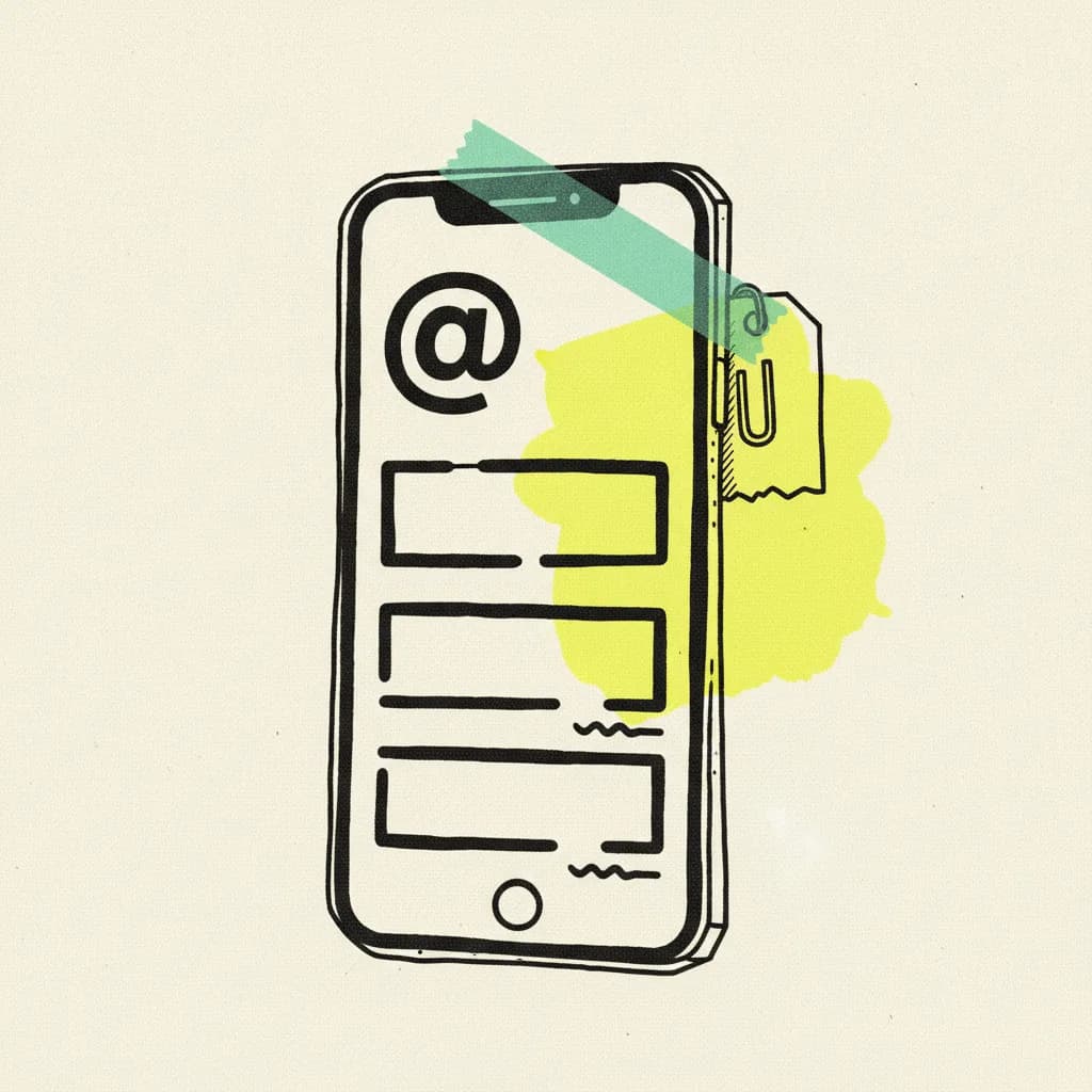 Brutalist editorial illustration of a paper smartphone on cream paper showing a Threads-style app card with an at-symbol logo and stacked text-post rectangles, mint tape strip across the top and a yellow highlighter blob behind a price tag.