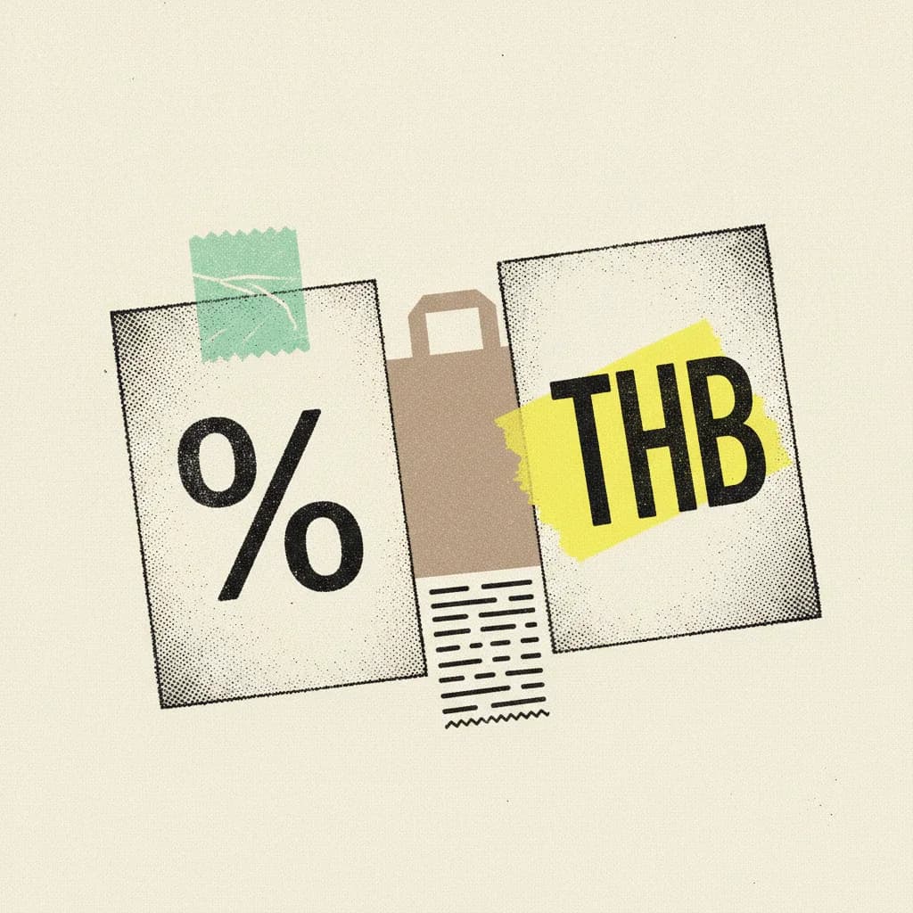 Brutalist editorial illustration of two paper price tags on cream paper, one stamped with a percent symbol and wrapped in mint tape, the other stamped with a THB symbol and marked with a yellow highlighter blob, a paper shopping bag and torn receipt between them