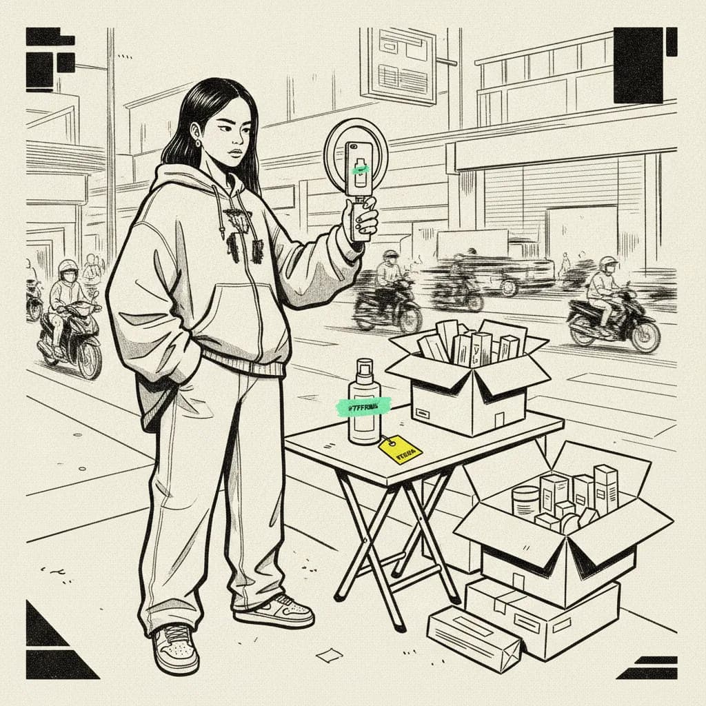 Bangkok TikTok creator filming a skincare product on a Sukhumvit street at night with unboxed sample cartons stacked beside her