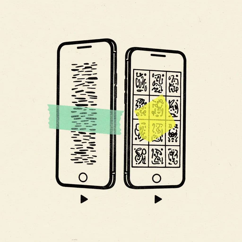 Brutalist editorial illustration of two upright smartphones on cream paper, one wrapped in a mint tape strip with abstract vertical dash marks down the screen, the other showing a grid of marks with a yellow highlighter blob across one tile, ink-drawn play triangles near each