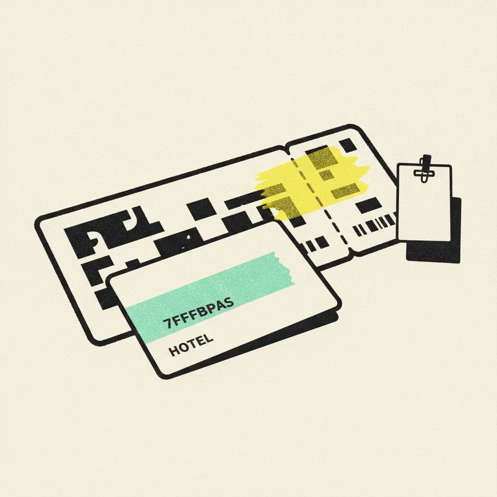 Brutalist editorial illustration of a paper hotel keycard and paper boarding pass overlapping on cream paper, mint tape strip across the keycard magnetic stripe, yellow highlighter blob on the boarding pass seat number, a tiny luggage tag clipped to the corner