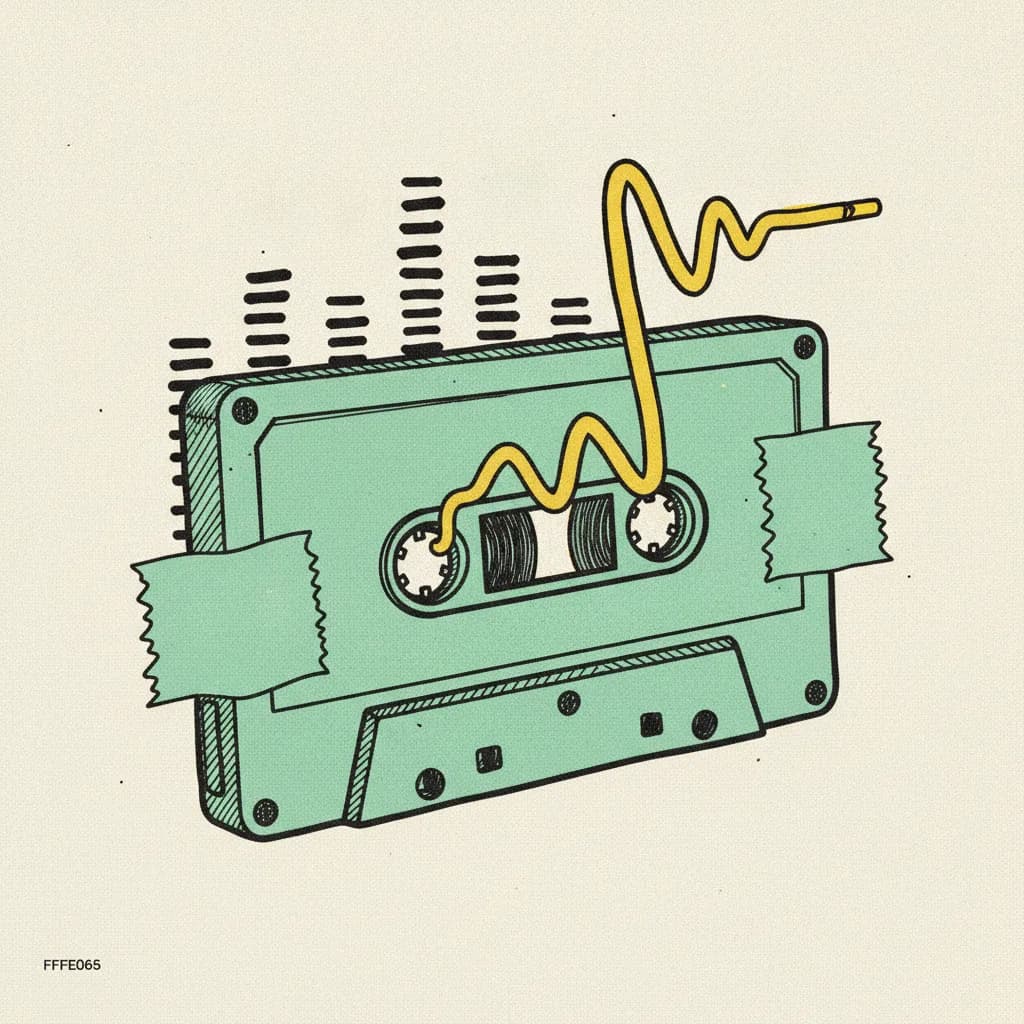 Brutalist illustration of a cassette tape wrapped in mint tape with a yellow sound-wave squiggle rising above it on a cream background.