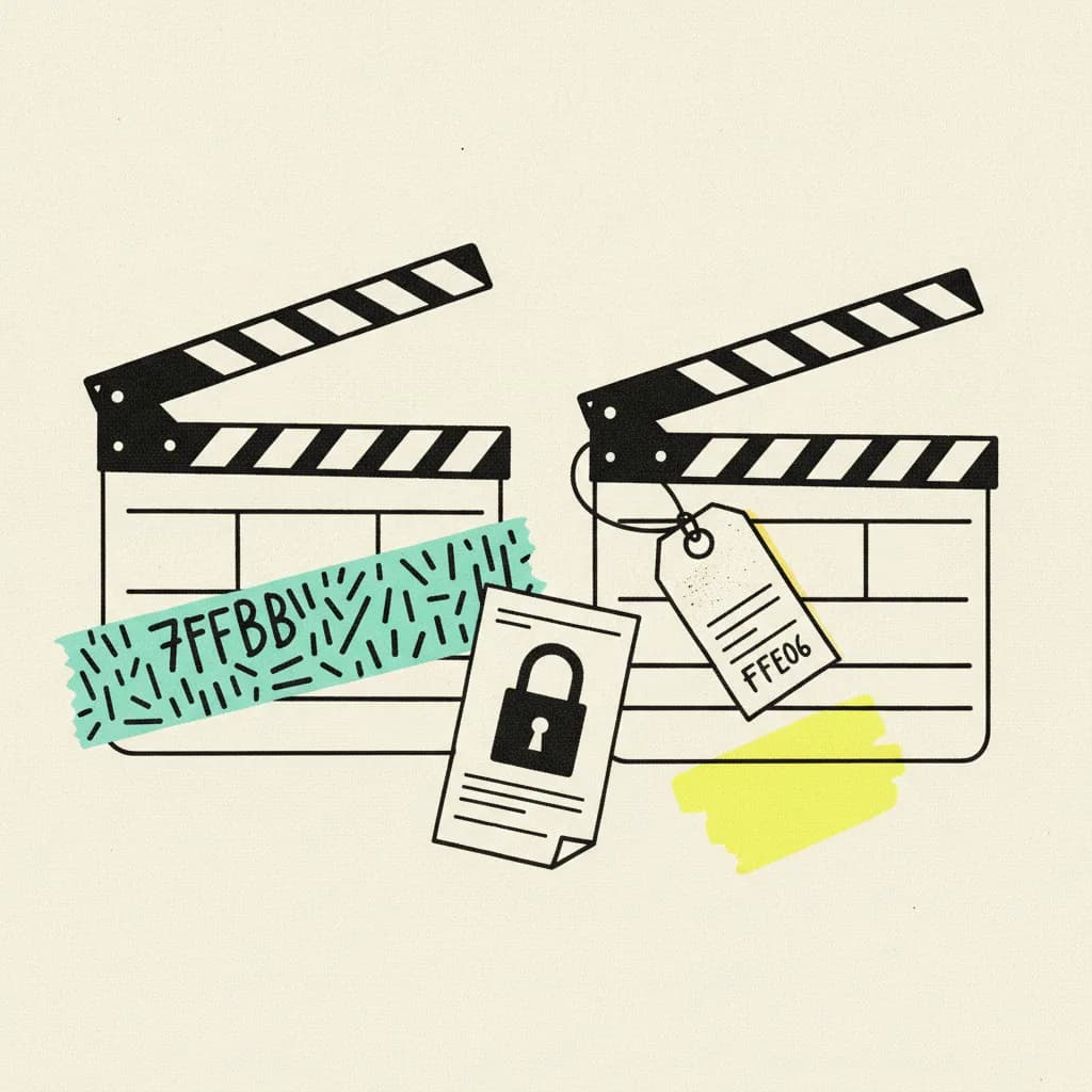 Brutalist editorial illustration of two paper film clapperboards on cream paper, one wrapped in a mint tape strip, the other marked with a yellow highlighter blob and a small paper price tag, a paper invoice with a padlock icon between them