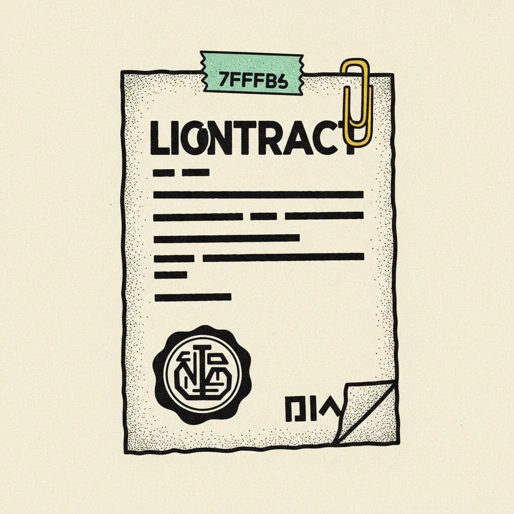 Brutalist editorial illustration of a paper licensing contract on cream paper with a thick black ink wax-seal stamp, a mint tape strip across the top, and a yellow paperclip on the side