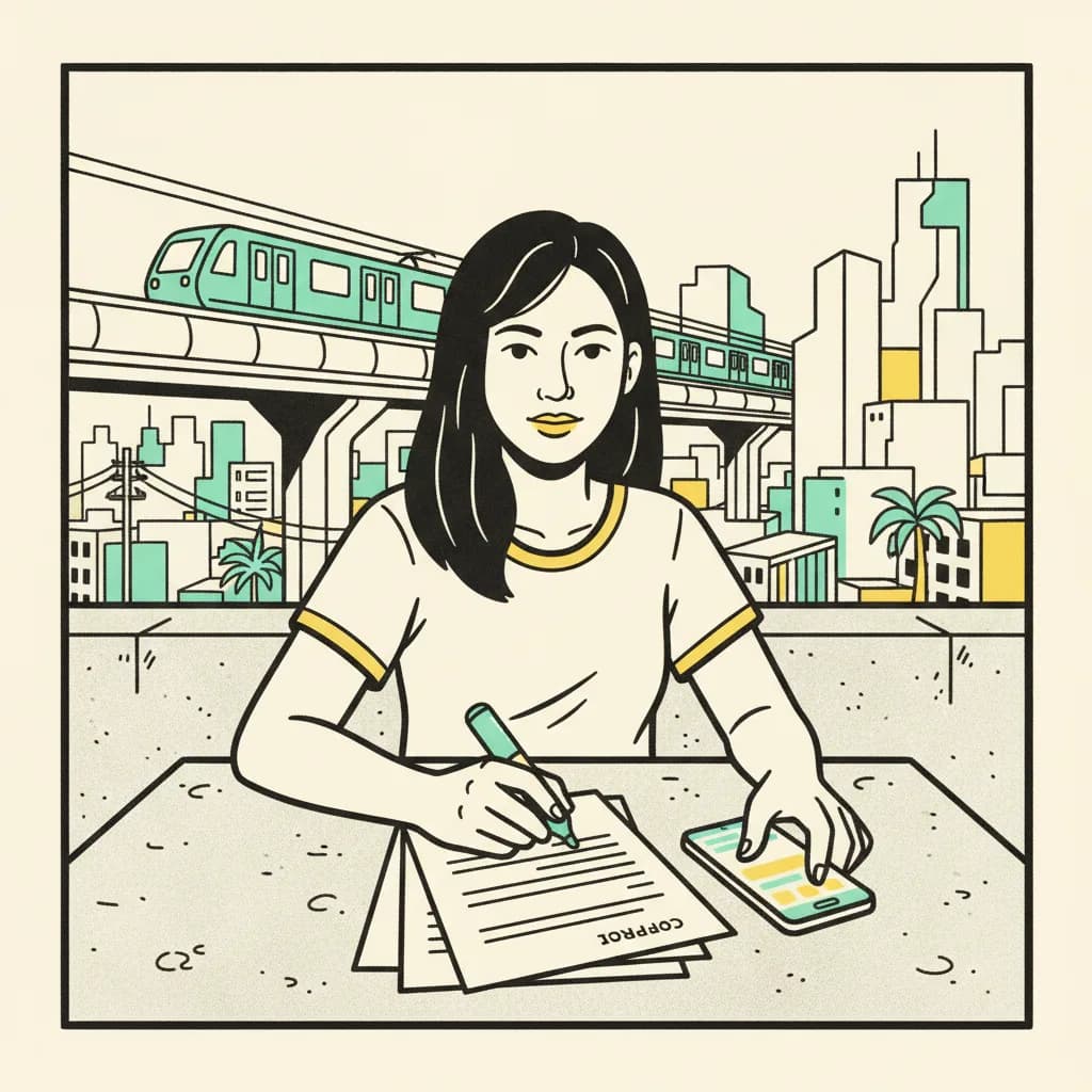 Brutalist editorial illustration of a Bangkok creator at a rooftop cafe reading a brand contract with a highlighter, Skytrain in the background.