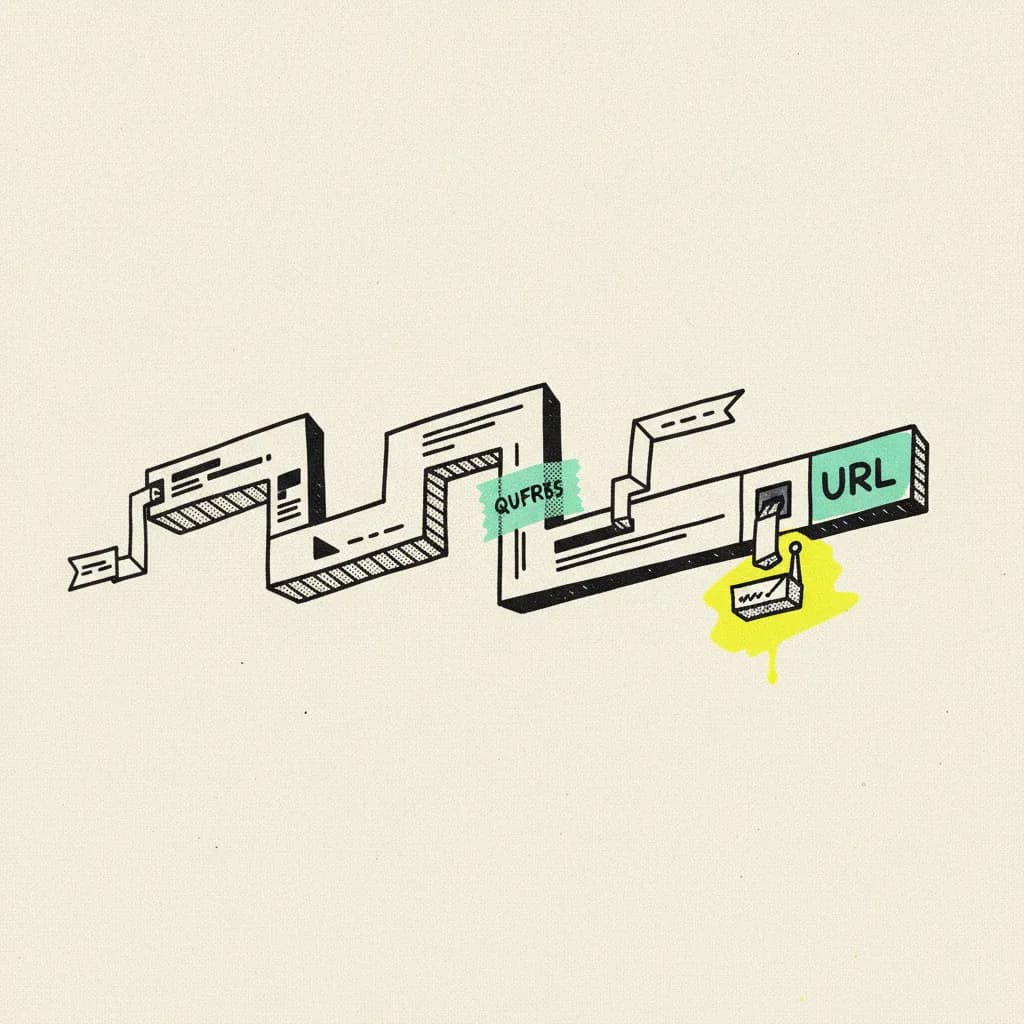 Brutalist editorial illustration of a paper URL address bar snaking across the frame with query-string ribbons attached, mint tape across one parameter and a yellow highlighter behind a small router icon.