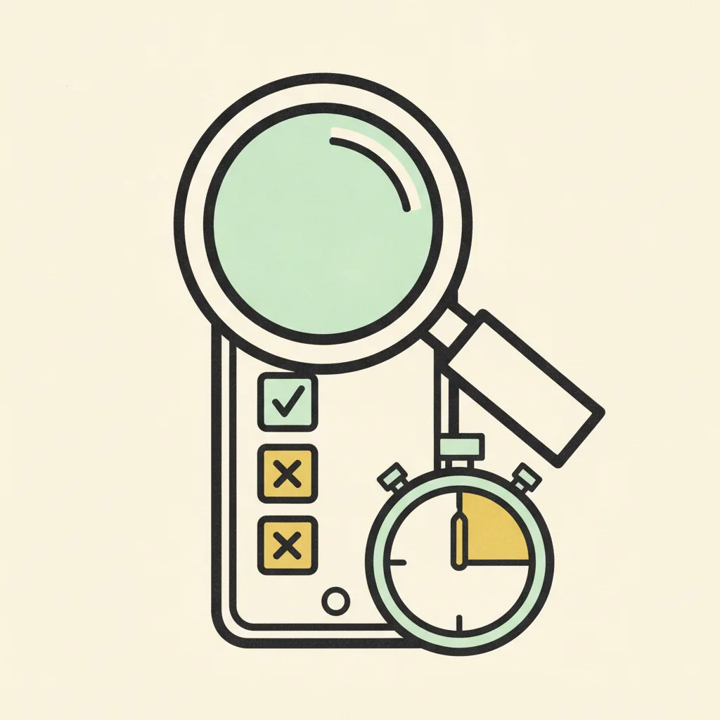 Brutalist cream and mint illustration of a magnifying glass over a smartphone showing a column of check and cross marks, with a stopwatch set to twenty minutes