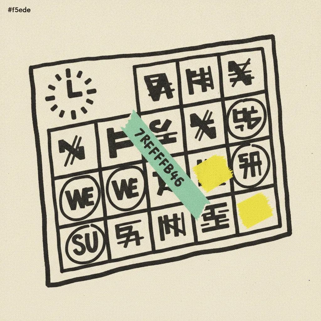 Brutalist illustration of a wall calendar with weekend squares circled in mint and yellow tape.