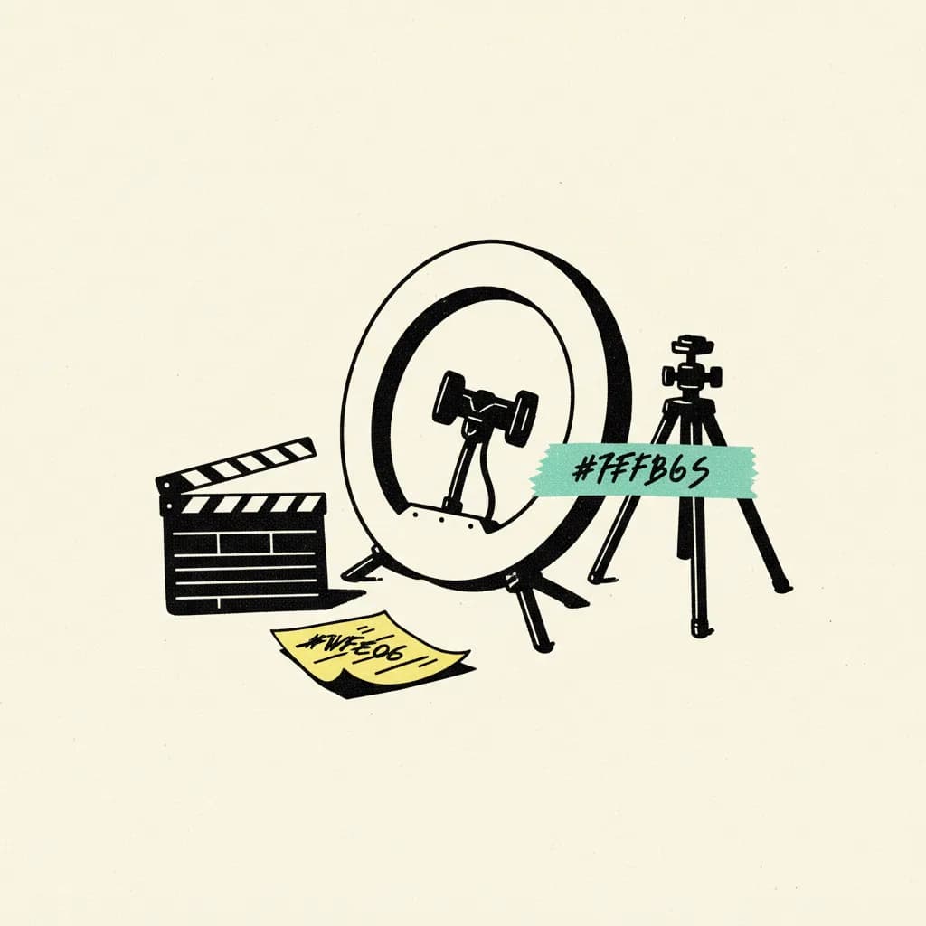 Brutalist editorial illustration of an empty creator set on cream paper with a tipped-over ring light, a folded tripod, a closed clapperboard with abstract dash marks, a mint tape strip across the stand and a crumpled yellow sticky note in the foreground
