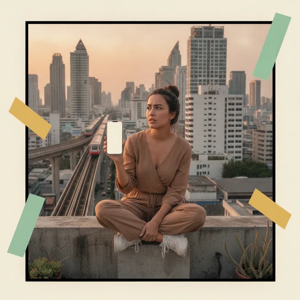 A Bangkok creator on a rooftop reading a brand brief on her phone with a skeptical, appraising expression, BTS Skytrain behind her.