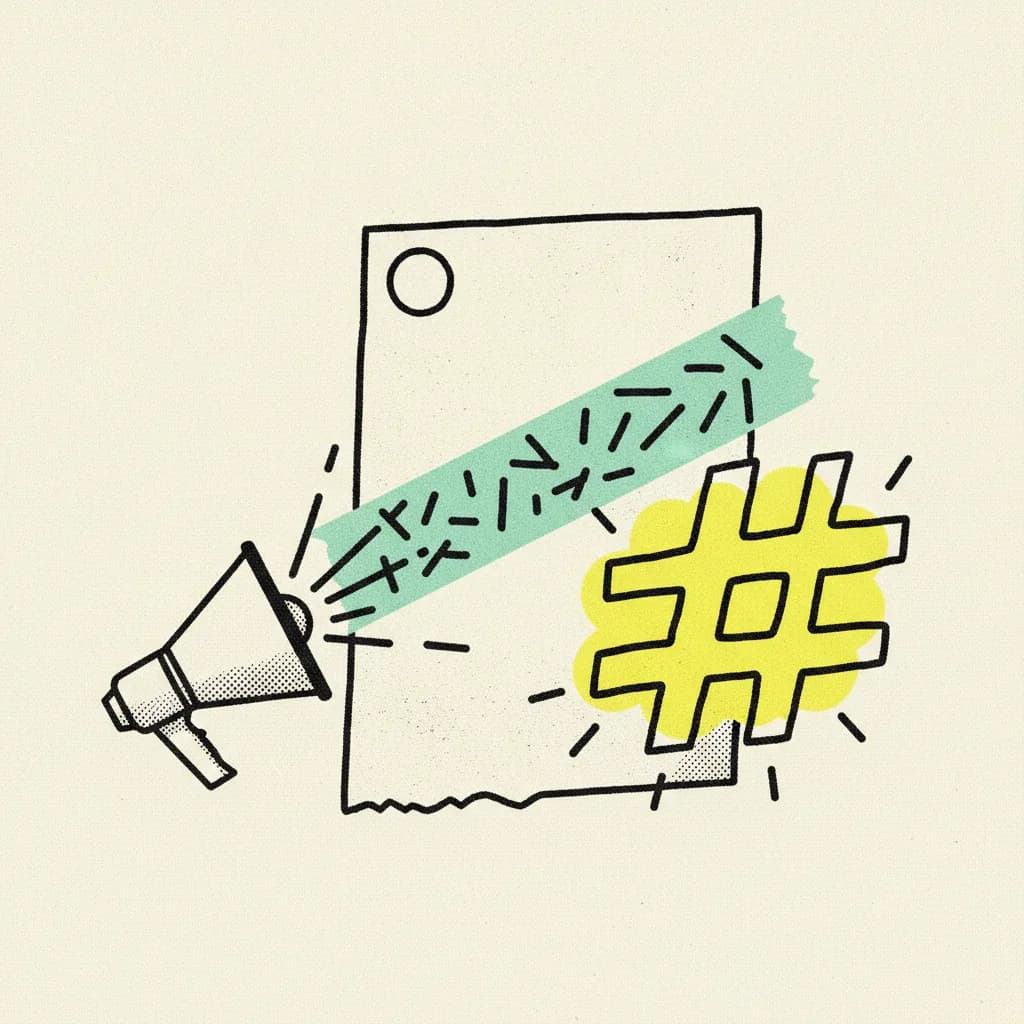 Brutalist editorial illustration of a paper social post with a mint tape strip across it and a paper megaphone beside it amplifying ink dashes into a yellow highlighter cloud.