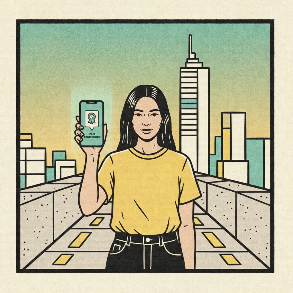 Thai creator on a Bangkok BTS platform at dusk holding a phone with a glowing paid partnership icon, brutalist cream and mint illustration