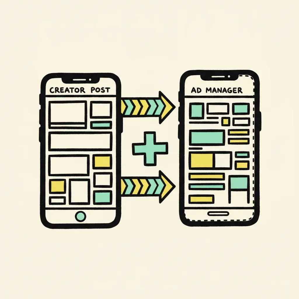 Brutalist illustration of two smartphone frames connected by a plus sign, one showing a creator post and one showing an ad manager, on cream background with mint and yellow accents.