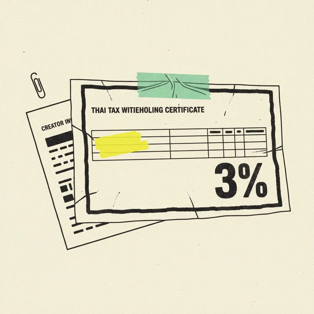 Brutalist editorial illustration of a paper Thai withholding tax certificate stamped with a bold ink percent mark on cream paper, mint tape strip across the top, yellow highlighter blob on one line of the withholding table, paper creator invoice tucked underneath.
