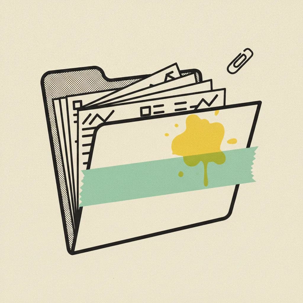 Brutalist editorial illustration of a paper campaign wrap-report folder on cream paper with stacked sheets fanning out, mint tape strip across the spine, yellow highlighter blob over one chart shape, ink paperclip in the corner