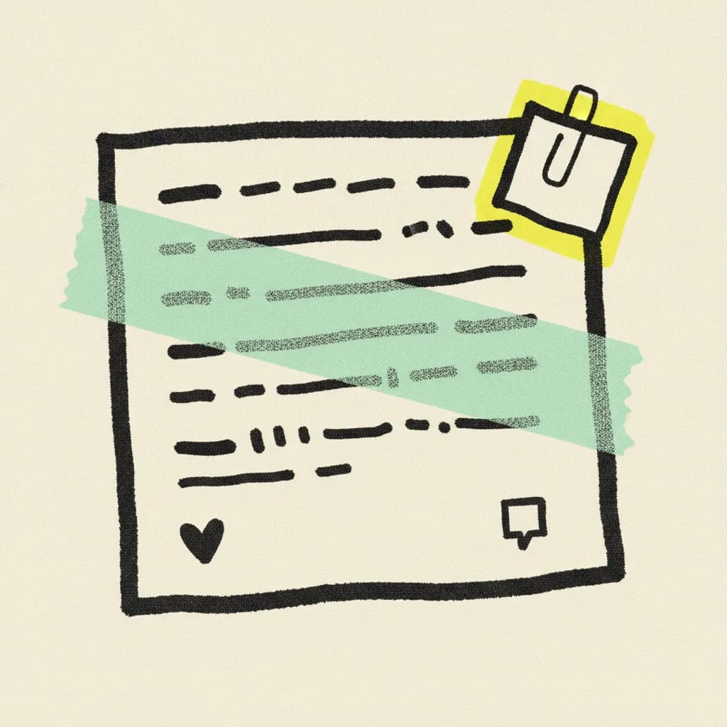 Brutalist editorial illustration of a paper Xiaohongshu note card on cream paper with a mint tape strip across it, a yellow highlighter blob behind a paper price tag, and ink heart and comment icons at the bottom