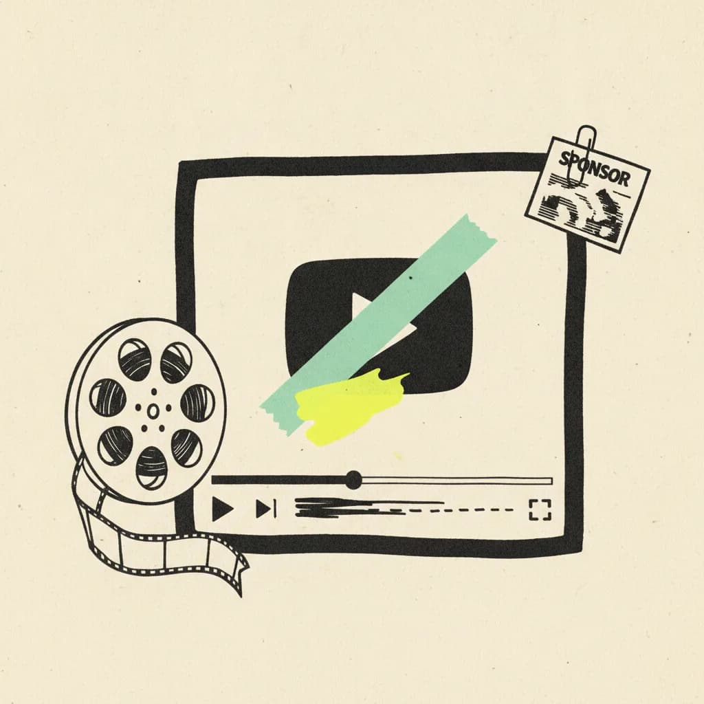 Brutalist editorial illustration of a paper YouTube-style video player frame with a paper film reel beside it, a mint tape strip across the play button and a yellow highlighter blob on the progress bar, abstract dash chapter marks, small sponsor card paperclipped to the corner