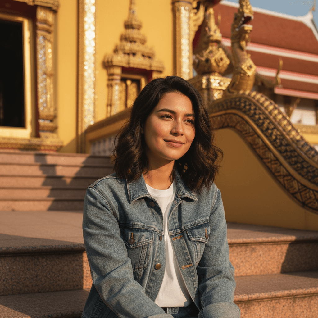 A Bangkok creator in a denim jacket on temple steps