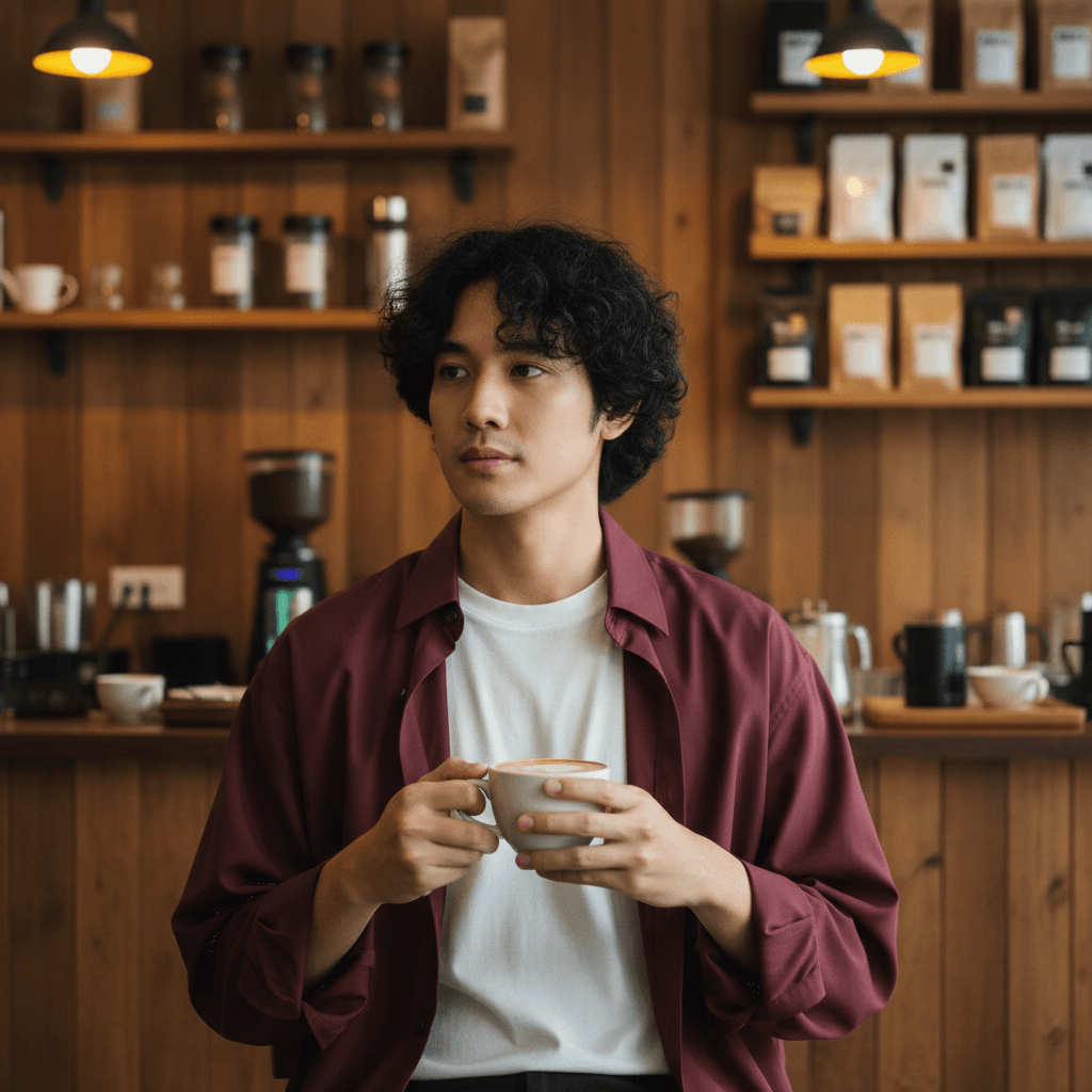 A Bangkok creator in a burgundy shirt at a specialty coffee shop