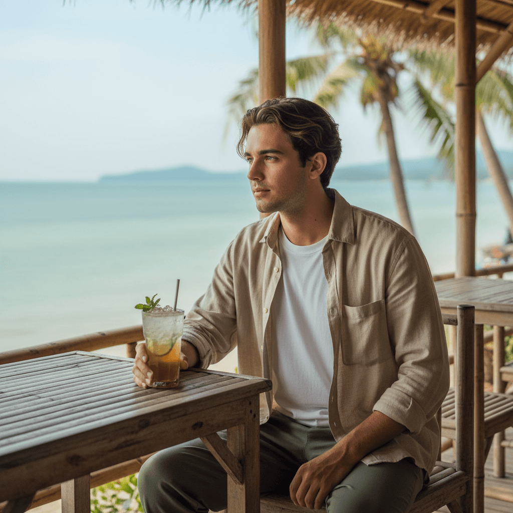 A Bangkok creator in linen at a beachside cafe