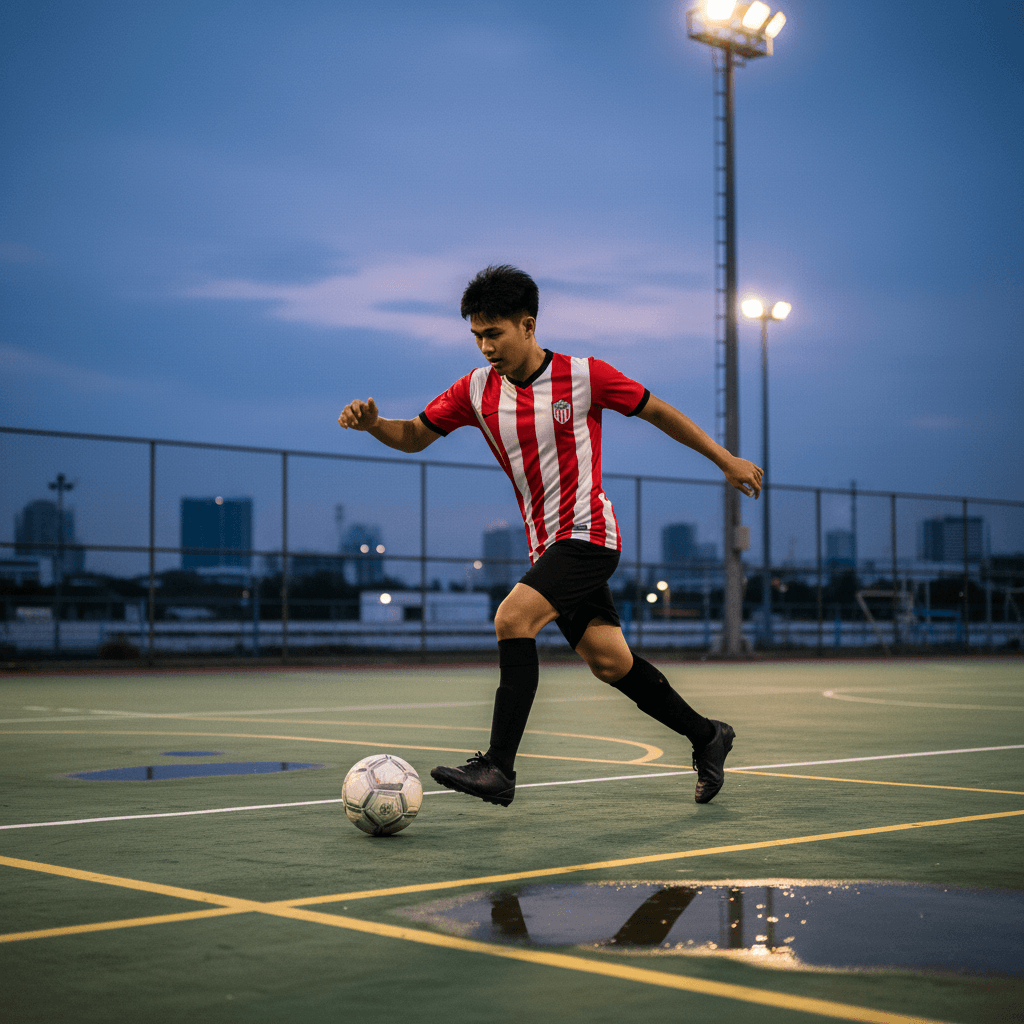 A Bangkok creator in a soccer jersey mid-sprint at futsal