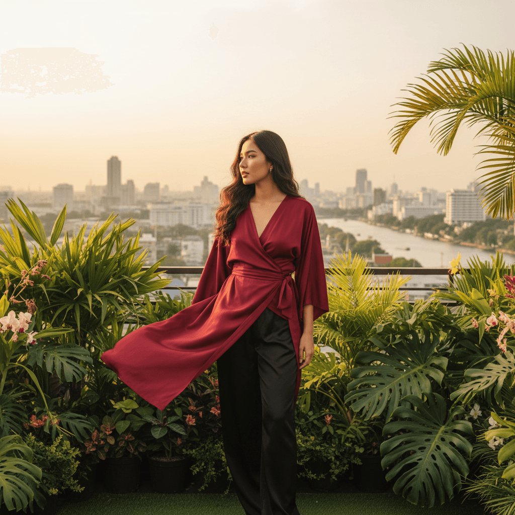 A Bangkok creator in a red kimono top in a rooftop garden