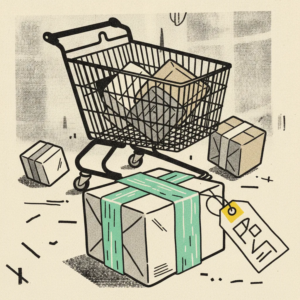 Shopping cart tipped forward with parcels spilling out, brutalist illustration on cream background