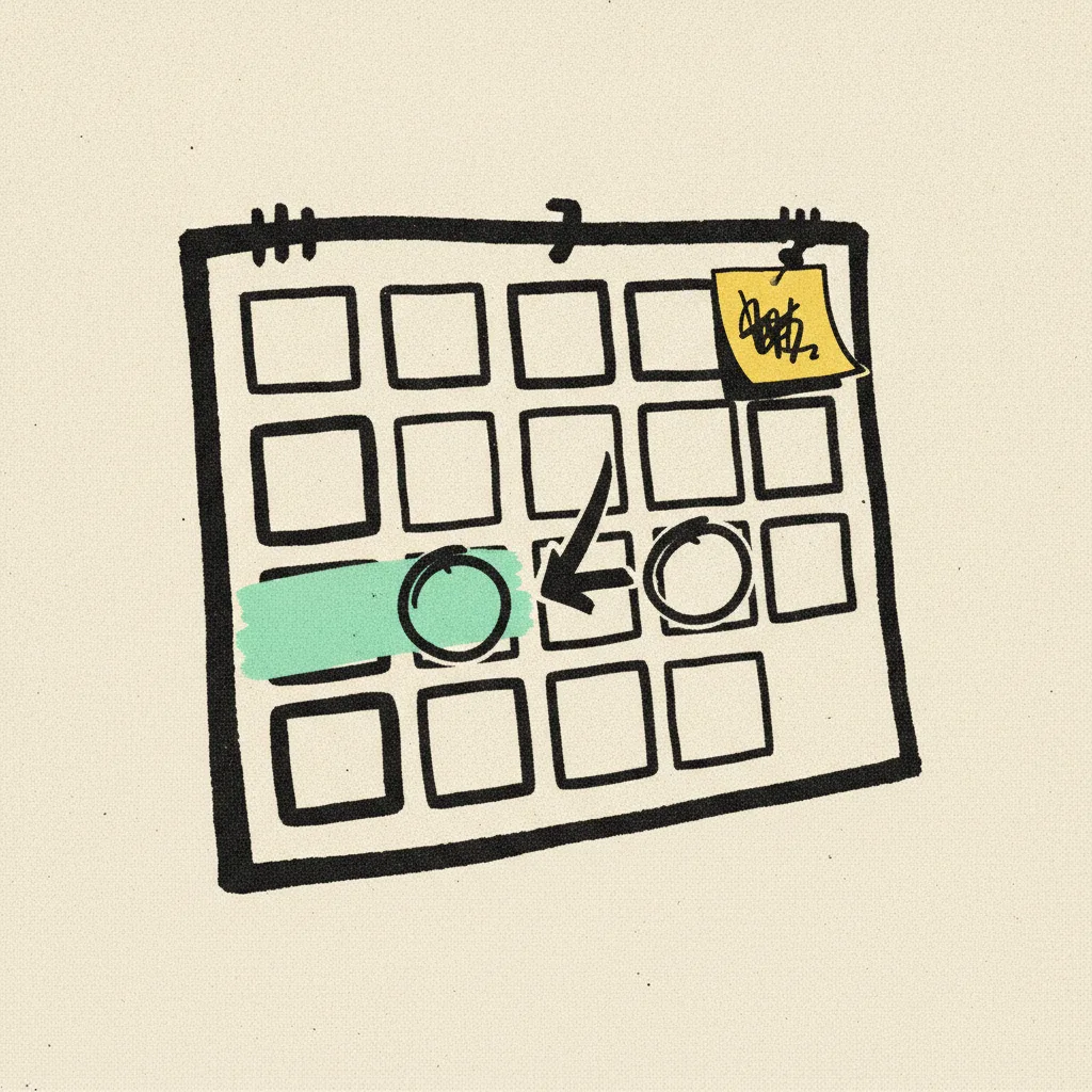 Wall calendar with two circled dates and an arrow, brutalist illustration on cream background