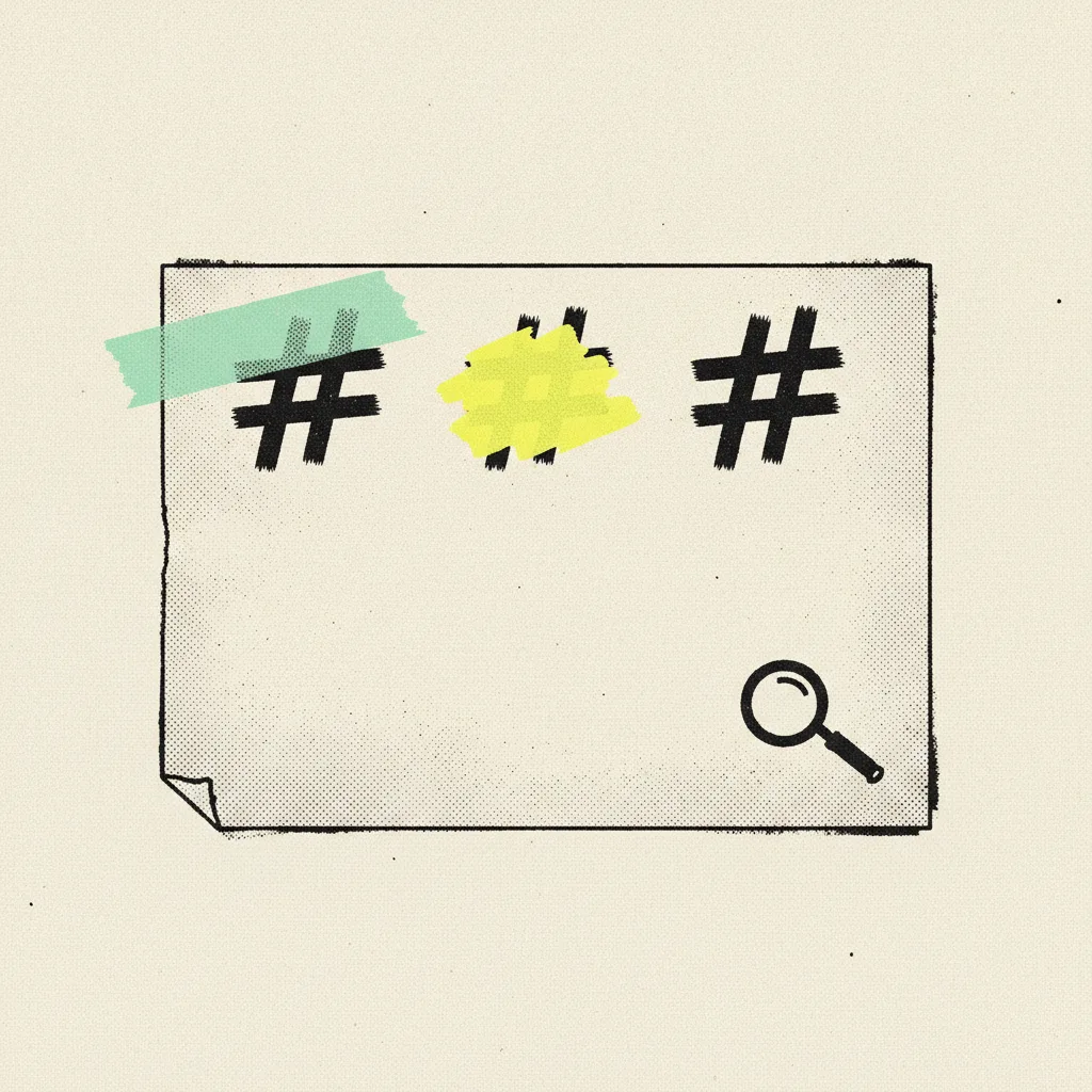 Paper caption box with three hashtag-shaped marks at the top, the first wrapped in mint tape, the second highlighted yellow, a small ink magnifying glass at the corner