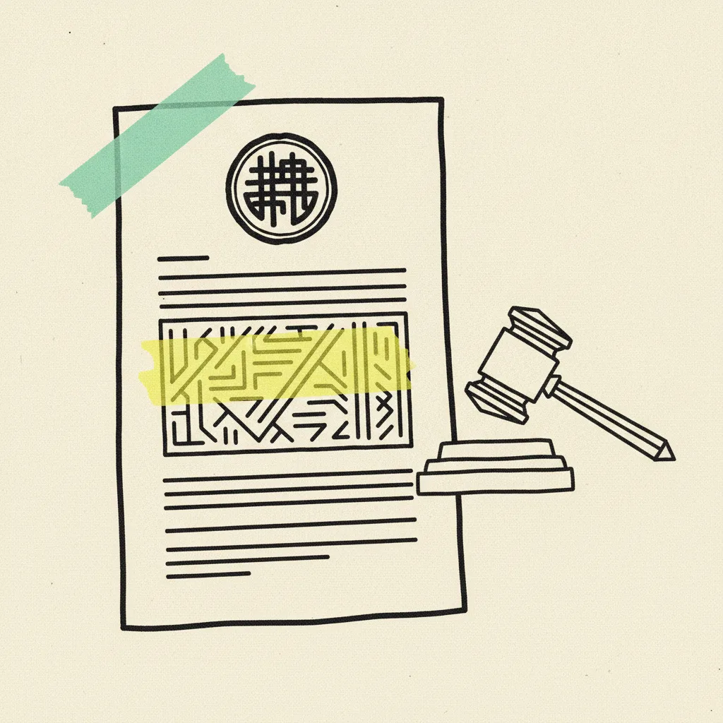 Paper regulatory notice with a thick ink stamp seal at the top, a mint tape strip on one corner, a yellow highlighter block in the middle, a paper gavel beside it