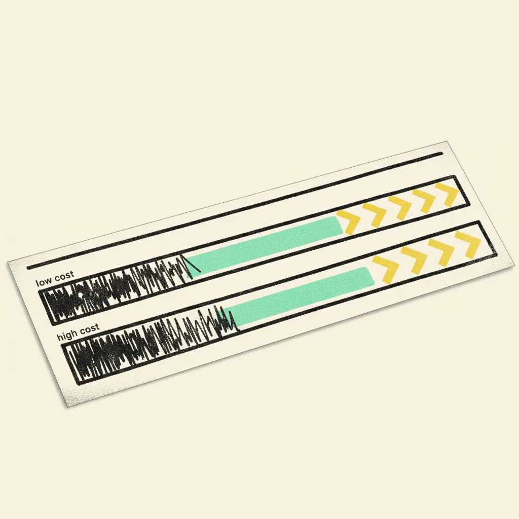 Three parallel lanes of different widths representing cost, brutalist editorial illustration