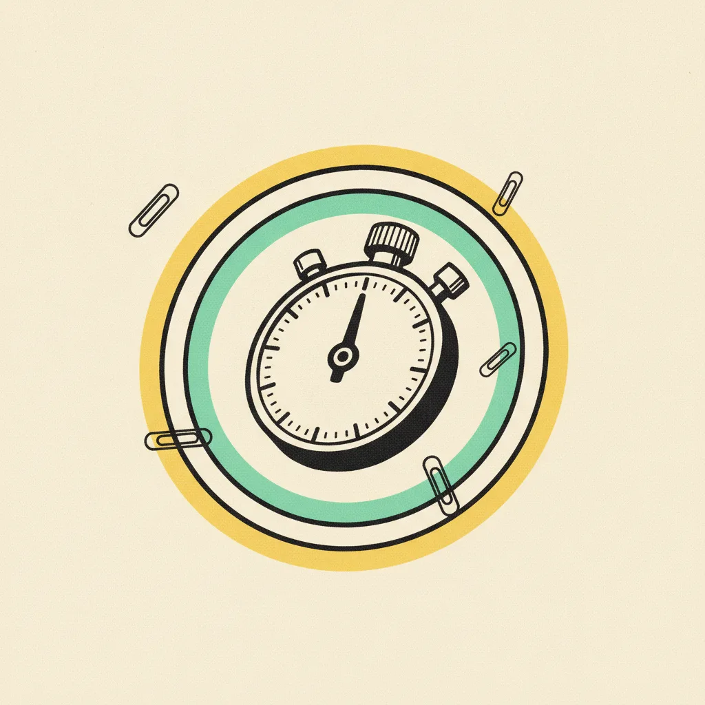 Stopwatch with concentric mint and yellow rings on cream paper, brutalist editorial illustration