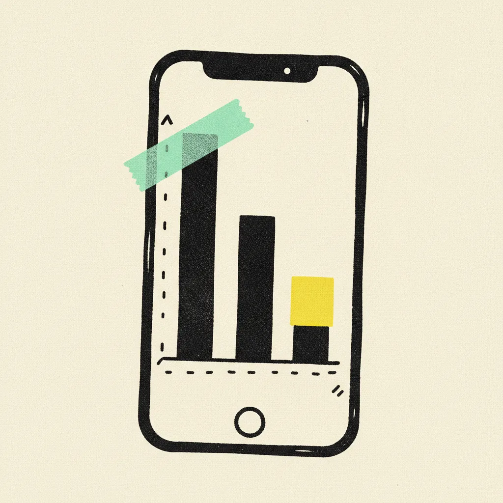 Smartphone screen with three uneven bars on cream paper, mint tape across the tallest, yellow highlight on the shortest, brutalist editorial illustration.