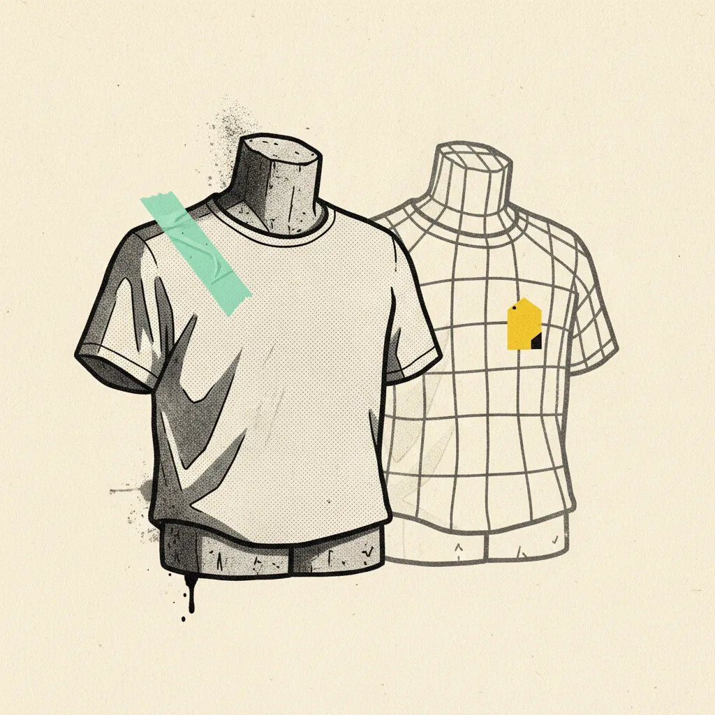 Mannequin torso in a cotton t-shirt next to a wireframe torso in the same shirt on cream paper, mint tape on the mannequin shoulder, yellow tag on the wireframe.