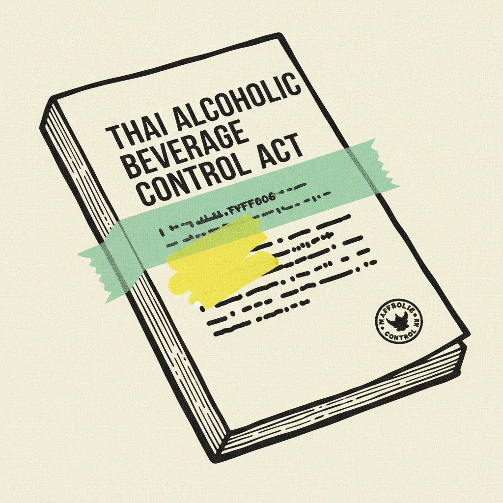 Paper booklet of the Thai Alcoholic Beverage Control Act on cream paper, mint tape across the spine and a yellow highlight bar over one line