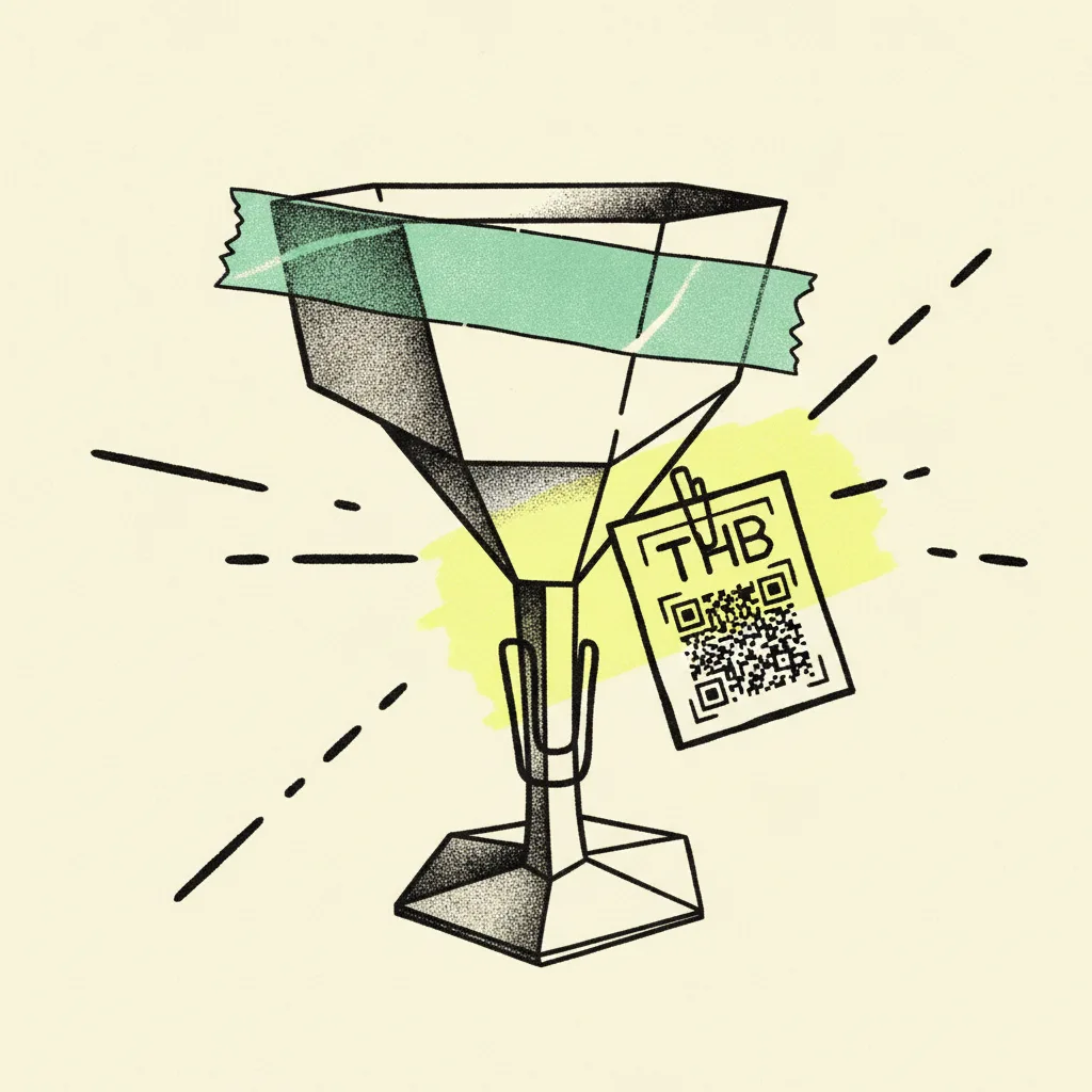 Paper cocktail glass on cream paper with a mint tape strip on the rim, a small QR card clipped to the stem and a yellow highlight behind a THB price tag