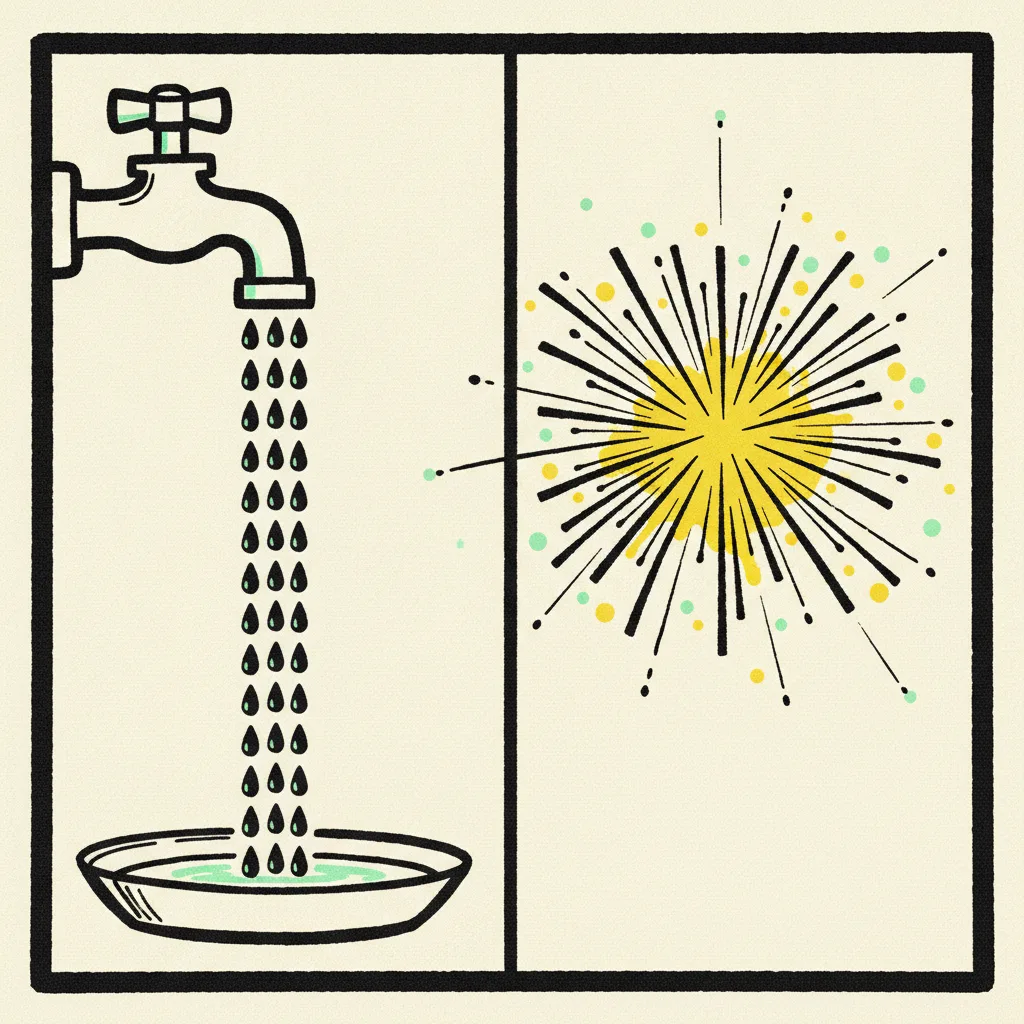 Faucet of evenly spaced drops on the left, single firework burst on the right, split by a vertical ink line